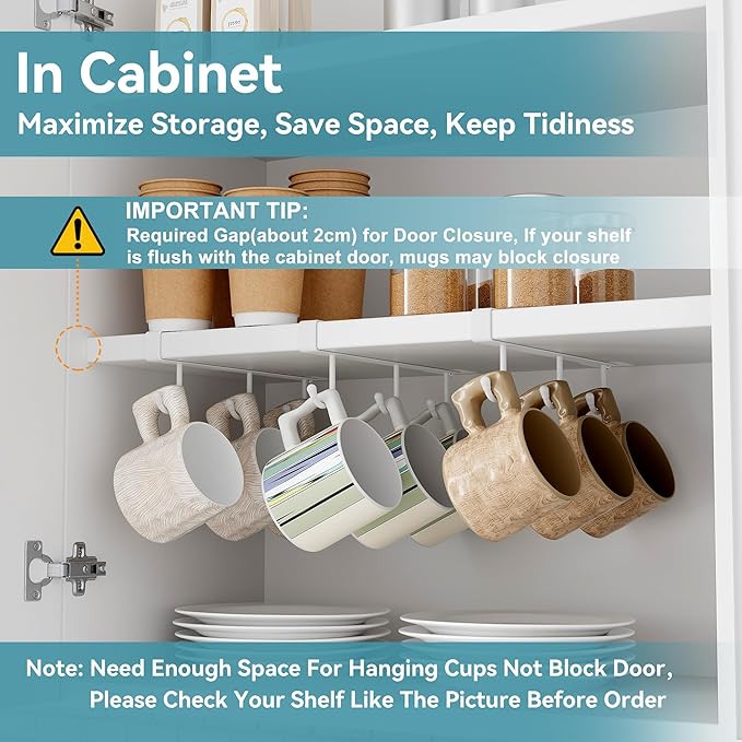 ECROCY Coffee Mug Holder Under Cabinet, 3pcs Coffee Cup Holder Only Fits Flat Shelf Without Any Lip, Clip-On Mug Hooks No Drilling Free Damage
