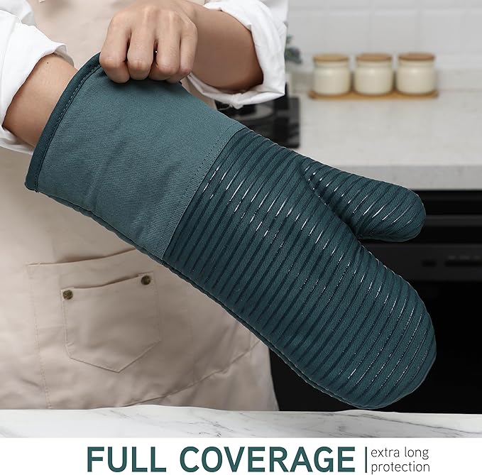 COOK WITH COLOR Silicone Oven Mitts- Heat Resistant Gloves with Soft Quilted Lining Oven Mitt Pot Holders for Cooking and BBQ, Teal, Material Mitt Set