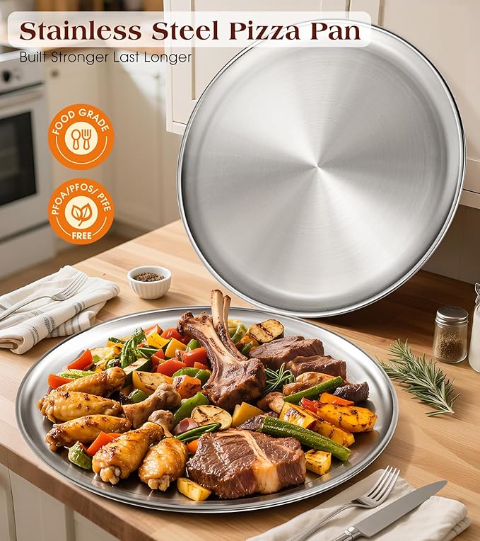 Yuiicaov Stainless Steel Pizza Pan 16 inch, Pizza Pan for Oven, Steel Pizza Tray, Thick Round Pizza Plate Pizza Baking Sheet, Easy Clean & Dishwasher Safe, Set of 1