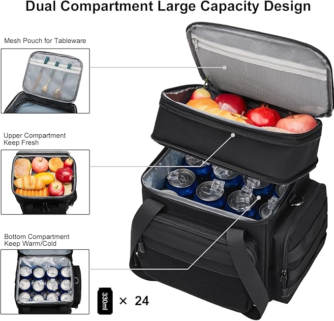 Gafetrey Tactical Lunch Box for Men, Insulated Lunch Bag Adult, Thermal Lunchbox Leakproof Waterproof Cooler Bag, Large Lunch Pail for Work Office Camping Travel (Black)