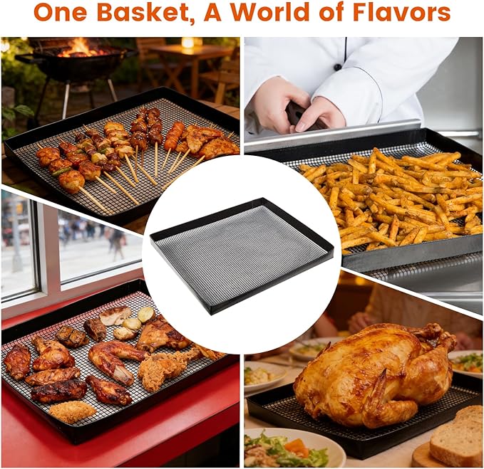 Professional-Grade 1-Pack PTFE Mesh Oven Baskets, 11.5x13.5x1 Inch Non-Stick Solid Oven Trays for Commercial Kitchens & High-Volume Cooking