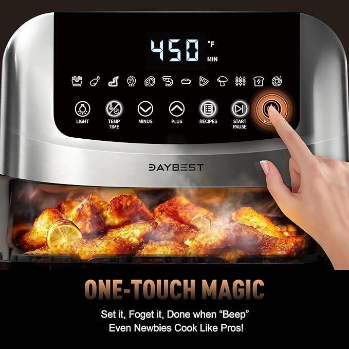 Stainless Steel Air Fryer Ceramic 12 in 1, Dual-Blazes in Steel Housing, 6QT 2-3 Servings Visible 8.27" Basket with Teflon-Free Premium Coating, 1700W, DAYBEST Dishwasher Safe Kits (Silver)