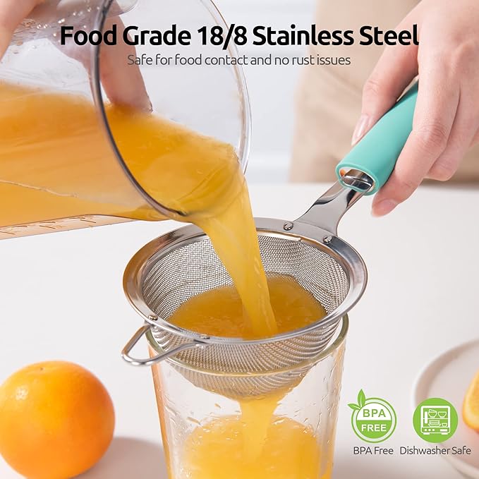 U-Taste 10 Piece Measuring Cups and Spoons Set in 18/8 Stainless Steel, and 18/8 Stainless Steel 3.9 inch 30 Mesh Strainer (Aqua Sky)