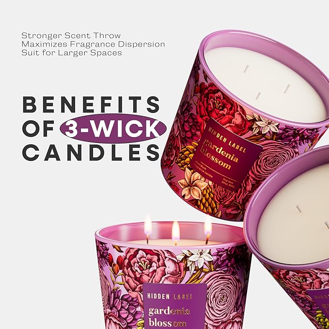 Hidden Label Gardenia Blossom Scented Candle, 30oz Large 3 Wick Natural Soy Wax Candle, 100 Hours Slow Burn Aromatherapy Candle for Stress Relief, Relax & Sleep, Gifts for Women & Men