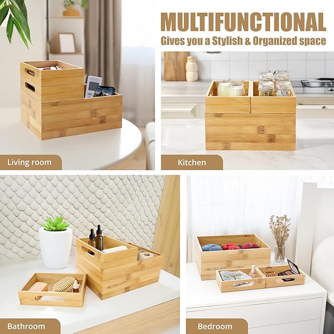 HOMESTEAD 3-Piece Stackable Bamboo Storage Box, Office Desk Organizer, Wooden Boxes for Makeup Drawer Organizer Bathroom, Office Supplies, Kitchen Utensils, Bamboo Storage Containers, Jewelry Tray