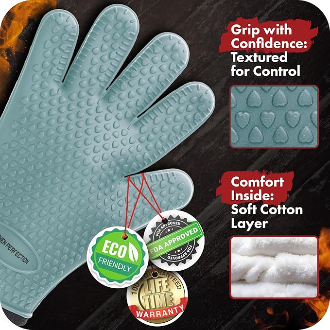 KITCHEN PERFECTION S Silicone Smoker Oven Gloves -Extreme Heat Resistant BBQ Gloves -Handle Hot Food Right on Your Grill Fryer Pit|Waterproof Oven Mitts |Superior Value Set+3 Bonuses