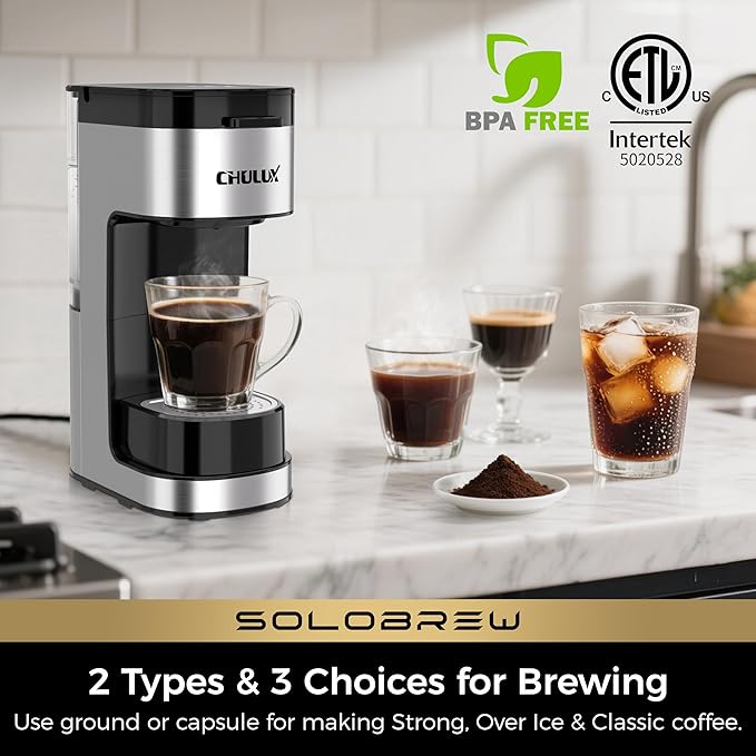 CHULUX SoloBrew Single Serve Coffee Maker, for K Cup and Ground, 3 Brew Sizes with Strong Button & Over Ice Feature, 14oz Removable Reservoir, for Home, Travel, RV, Office and Dorm