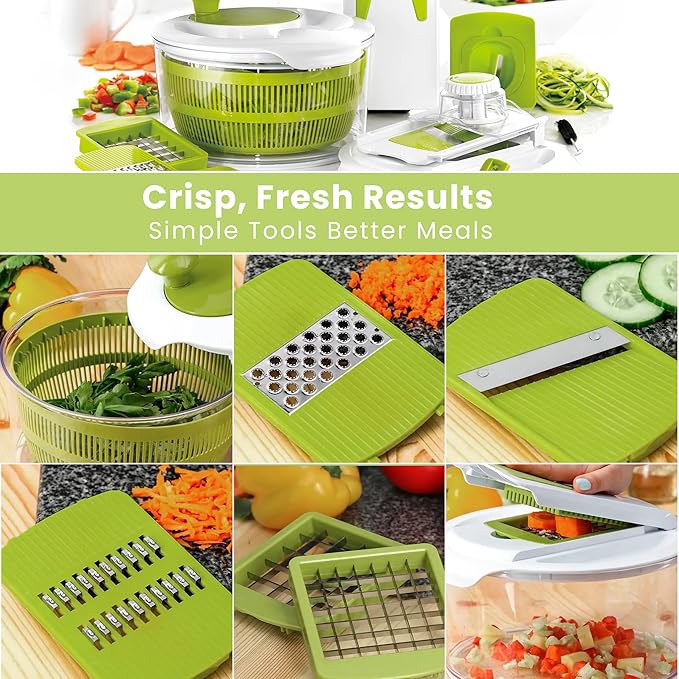 7-in-1 Large Salad Spinner & Vegetable Chopper with Container - Multi-function Lettuce Spinner Fruit Washing Bowl with Strainer, Grater, Slicer, Julienne, Spiralizer, Ribbon Cutter & Dicer