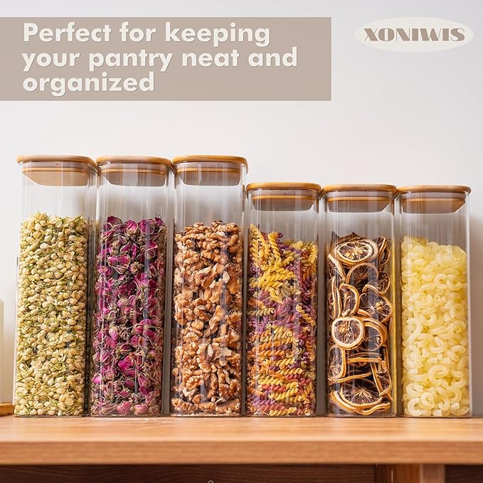 71oz 3PCS Rectangle Spaghetti Pasta Storage Containers with Lids, Tall Pantry Containers, Glass Tight Food Storage Jars with Lids for Penne, Macaroni, Lasagna, Fusilli, Cereal, Flour, Oats