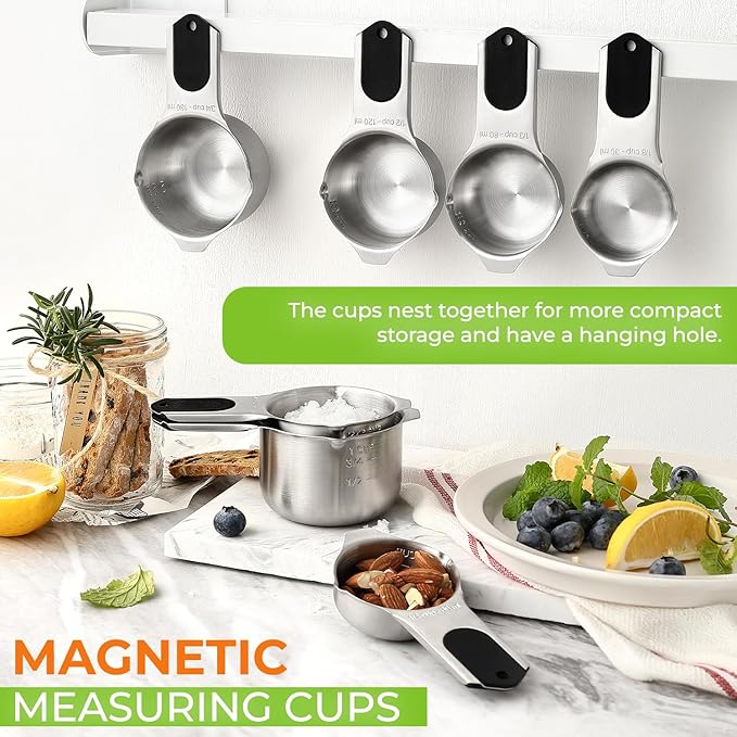 Spring Chef Premium Ice Cream Scoop, Magenta & Stainless Steel Magnetic Measuring Cups, Set of 7, Black - 2 Product Bundle