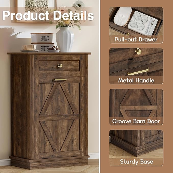 JUMMICO Tilt-Out Trash Can Cabinet, 10 Gallon Laundry Hamper Cabinets with Drawers, for Kitchen, Dining Room and Living Room (Brown, 1 Piece)