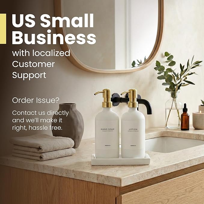 MaisoNovo Soap and Lotion Dispenser Set - Bathroom Soap Dispenser Set with White Soap Dispenser, Gold Pumps & Ceramic Tray