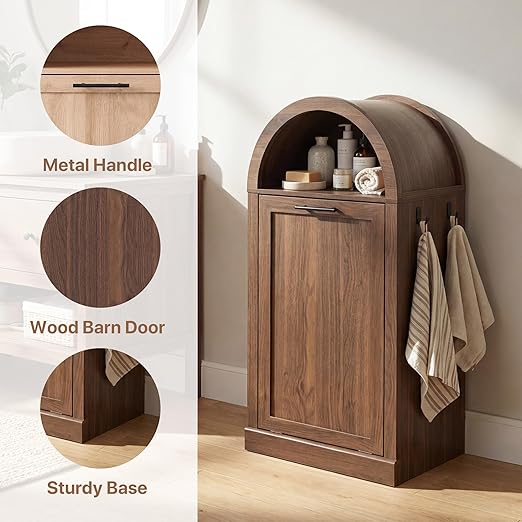Arched Tilt-Out Trash Can Cabinet Set of 2,Laundry Hamper Cabinet with Foldable Laundry Basket,Wooden Hidden Garbage Can Cabinets with Metal Handle & Hooks,Walnut