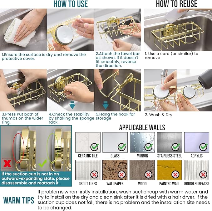 TAILI 4-in-1 Sponge Holder for Kitchen Sink with Strong Suction Cup Removable, Rustproof Stainless Steel Sink Caddy for Sponge, Brush, Scrubber, Scraper -Gold