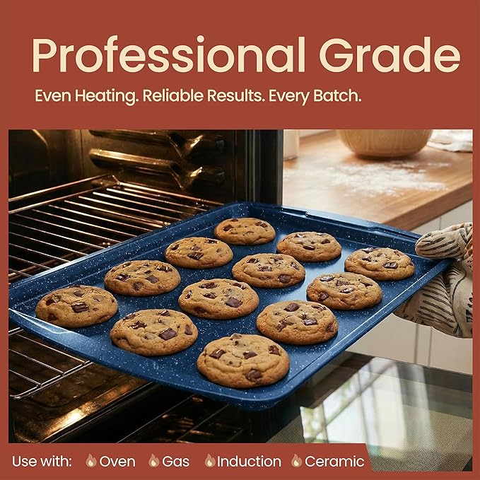 BAKKEN Kitchen Baking Pan Set - Nonstick Coating, Commercial Grade Carbon Steel Bakeware Sets, Baking Kitchen Essentials, PFOA, PFOS, PTFE Free, Oven Safe Tray (Up To 450° F), Set of 3, Blue Marble