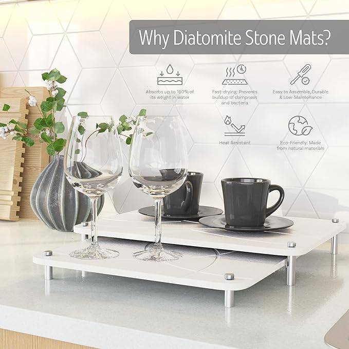 Large Stone Drying Mat for Kitchen Counter | 15.8” x 11.8” Dish Drying Mat Large | Diatomaceous Earth Collapsible Stone Dish Drying Mat | Collapsible Stone Mat for Kitchen Counter (White)
