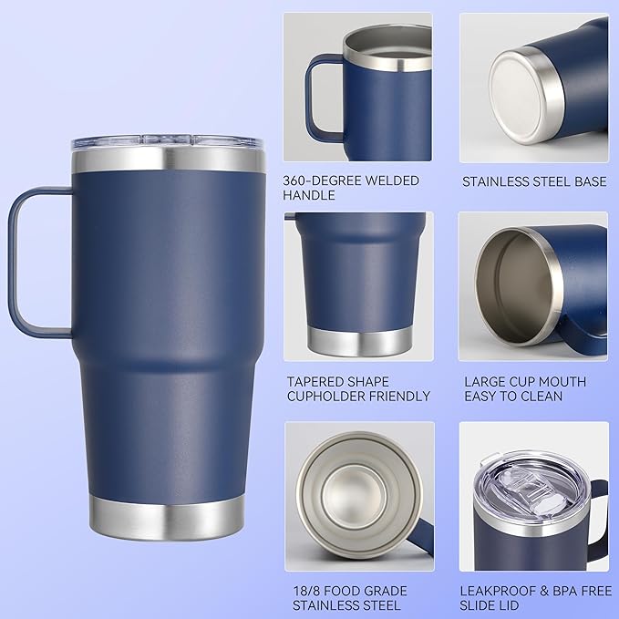 20 oz Stainless Steel Tumbler with Handle Bulk Metal Insulated Tumblers Travel Coffee Mug with Handle Double Wall Tumbler Cup with Lid and Straw, Navy 12 Pack