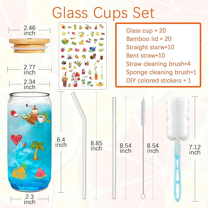 PeacePeo Glass Cups with Lids and Straws 20 Pcs 16 oz Ice Coffee Cup Skinny and Long Can Beer Cups Set Drinking Glasses with Bamboo Lids Reusable Glass Cups Ideal for Smoothies & Beverages