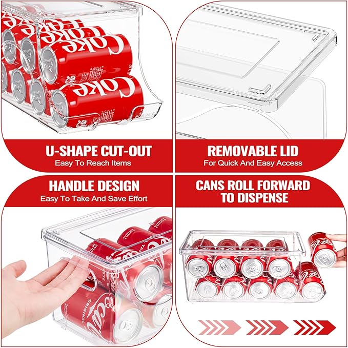 SCAVATA Stackable Refrigerator Organizer, Soda Can Dispenser Pop Cans Container Beverage Holder with Lid for Fridge, Freezer, Kitchen, Clear Plastic Storage Bins-Holds 10 Cans Each (One)