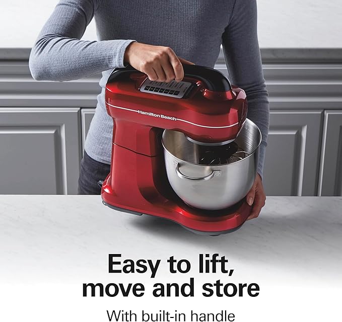 Hamilton Beach Electric Stand Mixer, 4 Quarts, Dough Hook, Flat Beater Attachments, Splash Guard, 7 Speeds with Whisk, Easy-Carry Top Handle, Red