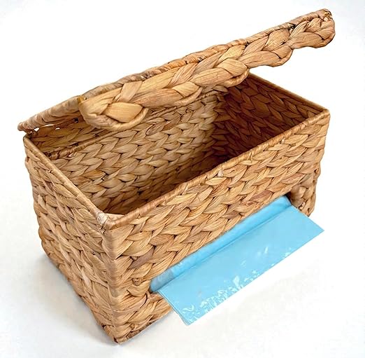 Trash Bag Holder with Scalloped Lid 13–30 Gallon Bags Roll Holder Wall Mount Water Hyacinth Garbage Bag Dispenser for Kitchen, Cabinet (Natural Water Hyacinth)