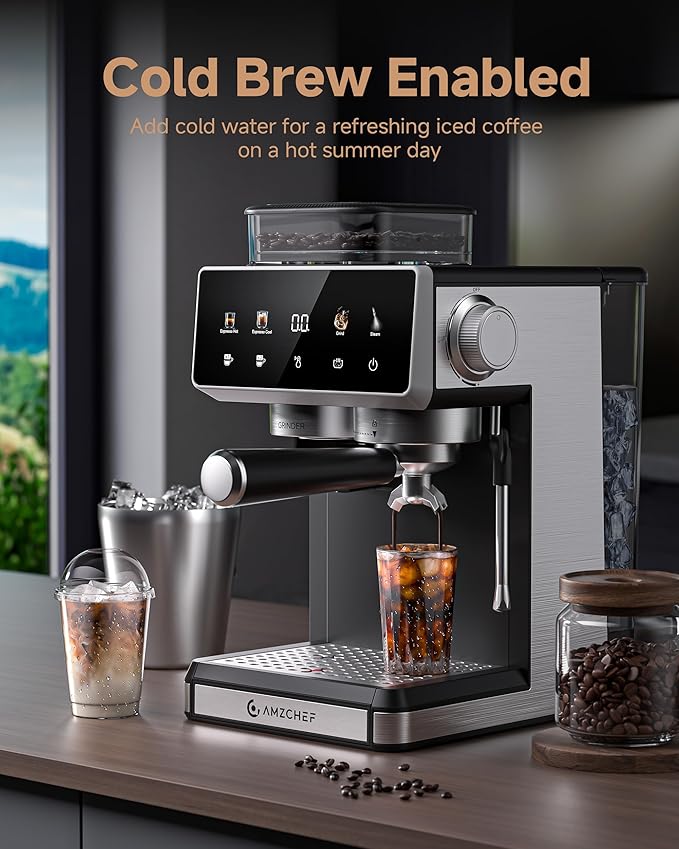 AMZCHEF Espresso Machine with Grinder, 3 Temp 197-205℉ Professional Espresso Machine, 3-10s Pre-Infusion, 20 Grind Settings, Latte Cappuccino Maker Home Barista, Black