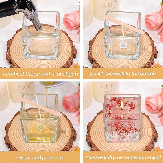 CONNOO 12 Pack 9oz, 3oz Clear Square Candle Jars for Making Candles, Thick Glass Bulk Empty Candle Containers with Airtight Bamboo Lids for Candle Making, Sticky Warning Labels - Dishwasher Safe