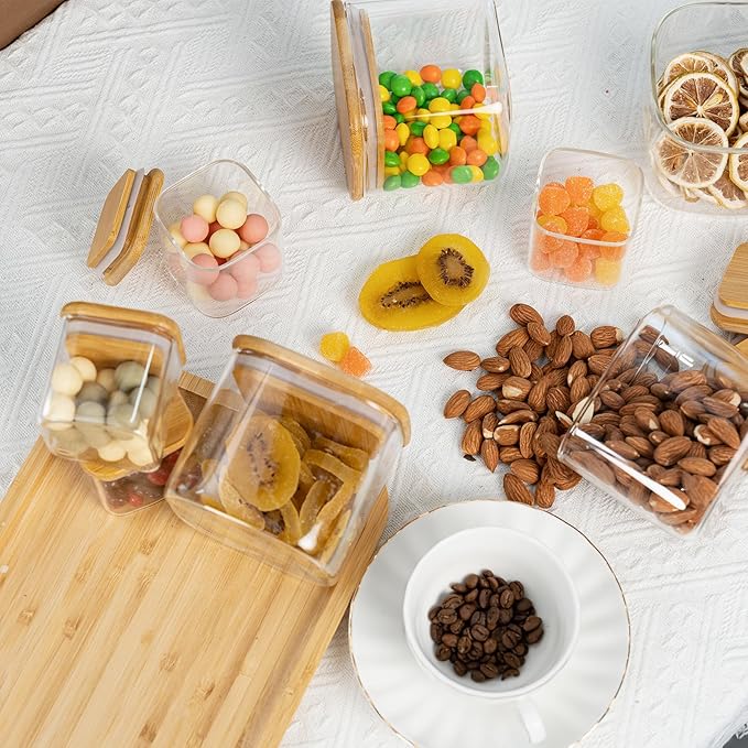 D2scrma 5oz Airtight Square Spice Containers with Bamboo Lid Set of 12 with Black Lables Storage Stackable Spice Jar, Kitchen Canister for Sugar, Tea, Flour, Salt and Seasonings (‎Clear Glass)