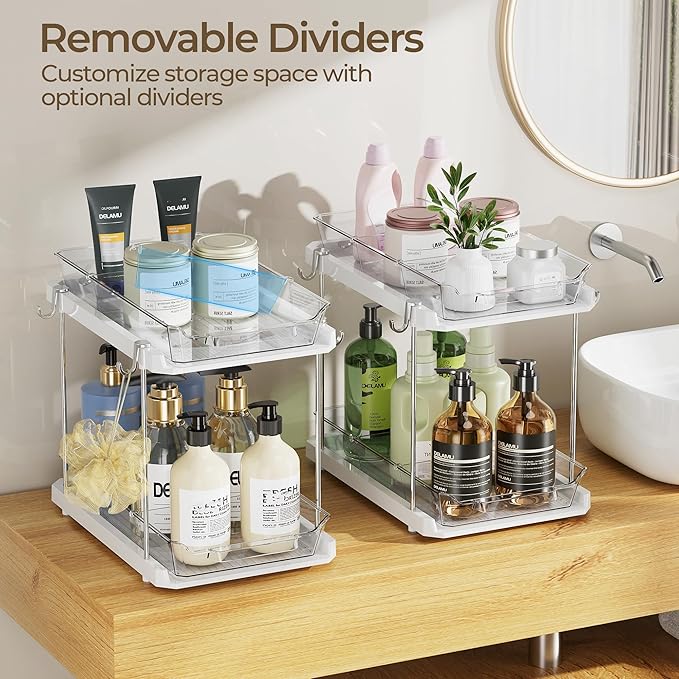 Delamu 2 Tier Bathroom Under Sink Organizers and Storage with Hook, Multi-Purpose Cabinet Drawers with Movable Dividers, Pull Out Organization for Countertop, Kitchen and Pantry(White, 4 Pack)