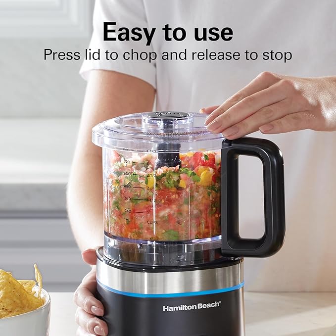 Hamilton Beach Powerful Cordless Mini Food Processor and Vegetable Chopper, 4 Cup Capacity, Fast Recharging, Includes Power Adapter, Chop, Puree, Emulsify, Grind, Dishwasher Safe Bowl, Black (72880)