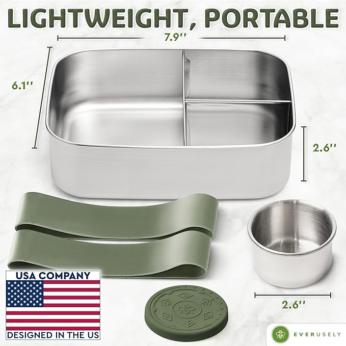 Everusely - Bento Box - Sage, 47oz / 1.4 L - Large Stainless Steel Lunch Box with Leakproof Condiment Container - 3 Compartment Snack Organizer for On the Go Meals - Freezer & Dishwasher Safe
