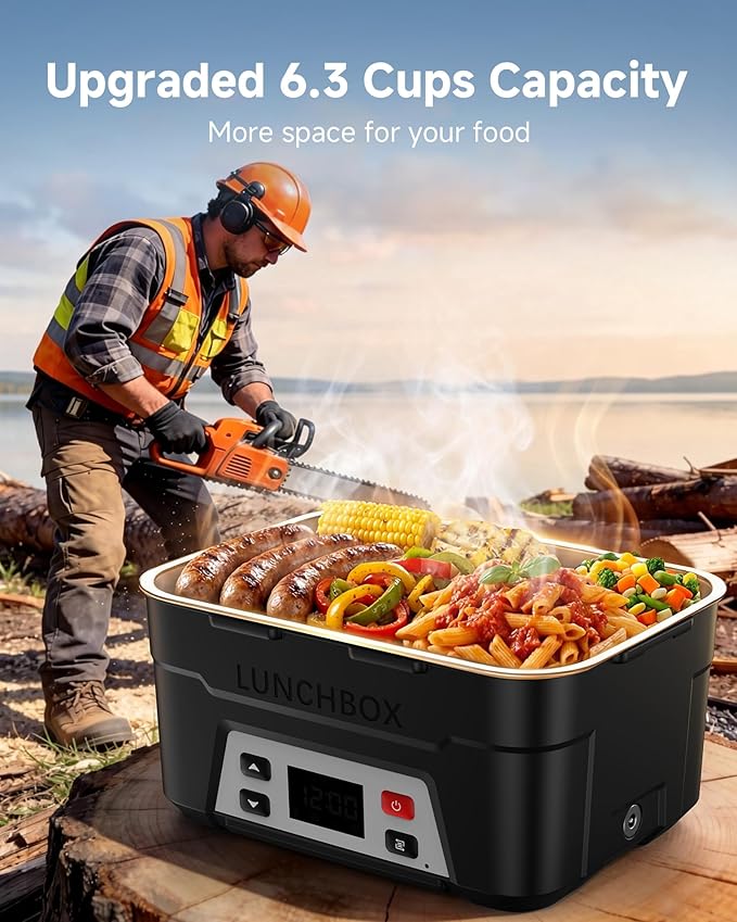 EAST OAK Heated Lunch Box for Men, 6.3 Cups Electric Lunch Box for Adults, 27000mAh Cordless Portable Food Warmer, Rechargeable Self Heating Food Heater with Memory Function & Automatic Keep Warm