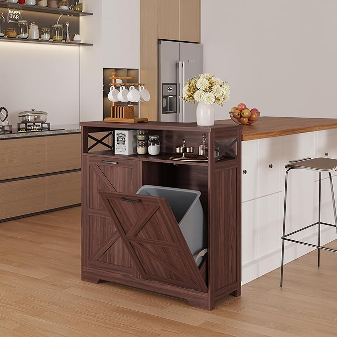 Befrases Double Tilt Out Trash Can Cabinet for 13 * 2 Gallon Garbage Can, Farmhouse Kitchen Garbage Trash Bin for Hidden Laundry Basket, Dual Dog Proof Recycling Cabinet for Living Room, Dark Brown