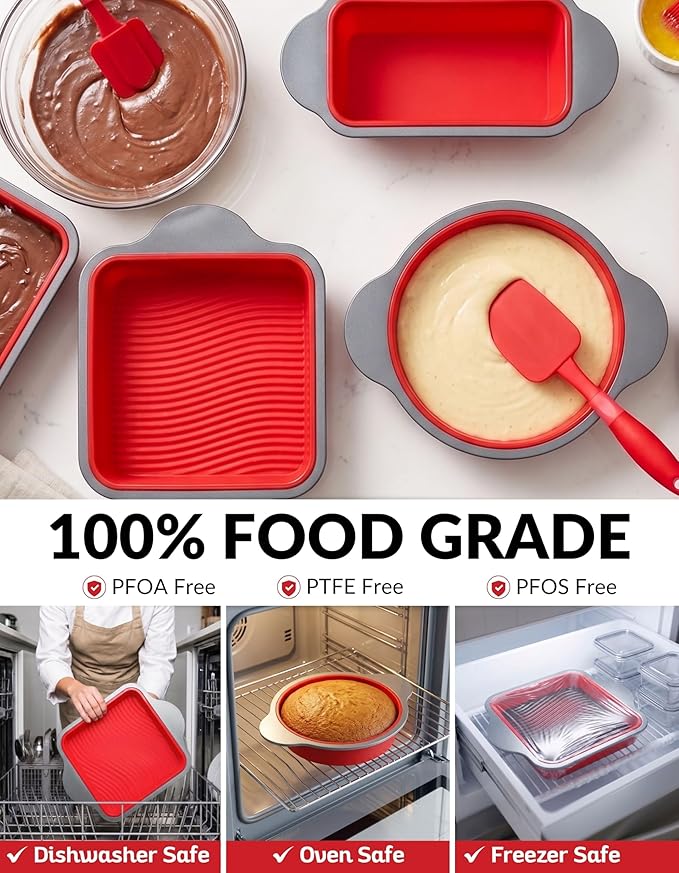 Boxiki Kitchen Silicone Baking Pans Set. 3 PCS Professional Non-Stick Baking Cake Pans Set includes Silicone Round Cake Pan, Square Cake Pan and Bread Loaf Pan.