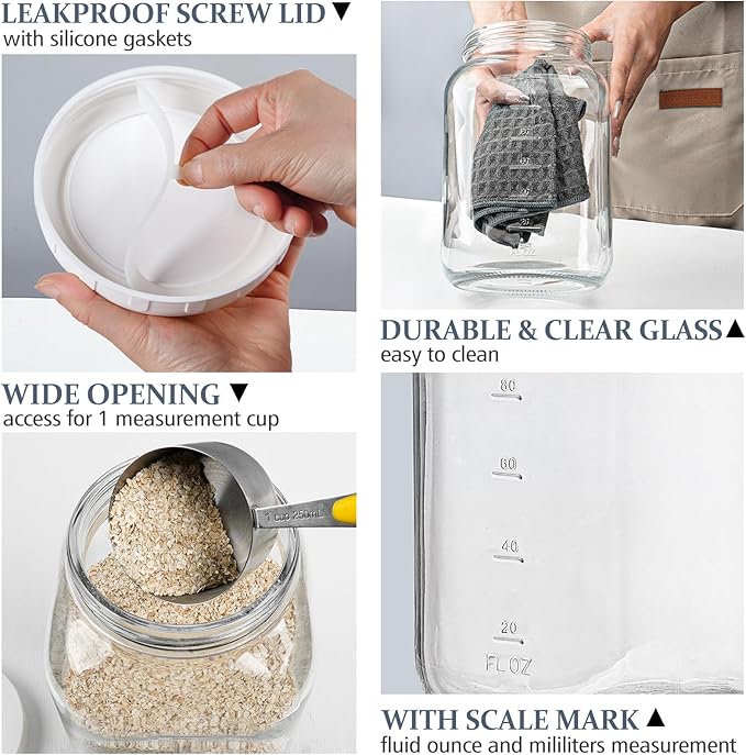 2 Pack Wide Mouth 1 Gallon Clear Glass Jar with Lid, Heavy Duty Airtight Screw Lid with Silicone Gasket - Large Mason Jar with 2 Scale Mark for Fermenting Kombucha and Storing Food(Extra 2 Gaskets)