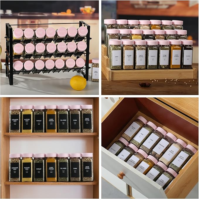 48 Glass Spice Jars with Labels, Spice Jar Set, 4oz Seasoning Containers, Spice Containers with Pink Airtight Lids and Shaker Lids, Square Empty Spice Bottles, 492 Labels, 1 Funnel