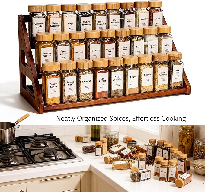 Spice Rack, Spice Organizer -3 Tier Bamboo Spice Racks, Solution for Spice Storage in Kitchens, Countertops，Storage Rooms and Other Places(Walnut)