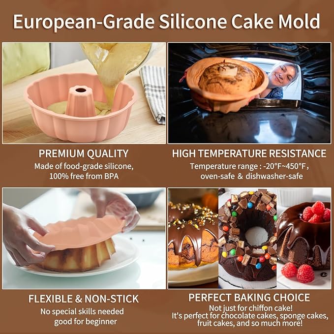 PADELE 2 Pack Silicone Cake Pan Nonstick,10 Inch, Silicone Cake Molds,Pound Cake Pan, Baking Cake Pan for Jello,Gelatin,Cake,Brownie and Bread（Pink+Pink）