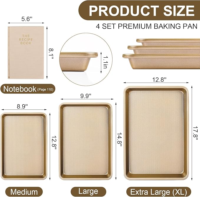 4 Pieces Bakeware Set | 3 Baking Pans & 1 Recipe Notebook Combo | Nonstick Cookie Sheets for Baking Supplies | No Rust & No Toxic Heavy Duty 3 Baking Trays 18''+15''+13'' & 1 Blank Recipe Book