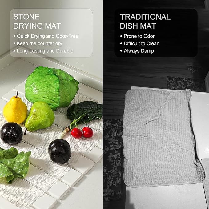 Large Stone Drying Mat for Kitchen Counter, 24''L x 16''W Diatomaceous Earth Collapsible Dish Drying Mat, Quick Drying Mat, Glasses and Flatware, Matches Any Countertop (Dark Gray, 24'' x 16'')