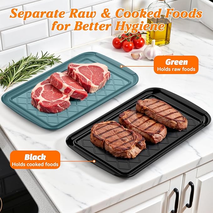 Serving Trays for Party - Set of 4, Large Serving Platters for Raw and Cooked Food, Dishwasher Safe, 17×10.5-inch Stackable Plastic Party Supplies for Grilling, BBQ, Meal Prep (Green, Black)
