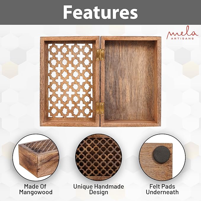 Mela Artisans 9” x 6” x 3.5” Mango Wood Box with Lid – Trellis Medium Burnt – Handcrafted Keepsake Box – Large Storage for Jewelry & Home Décor Accents