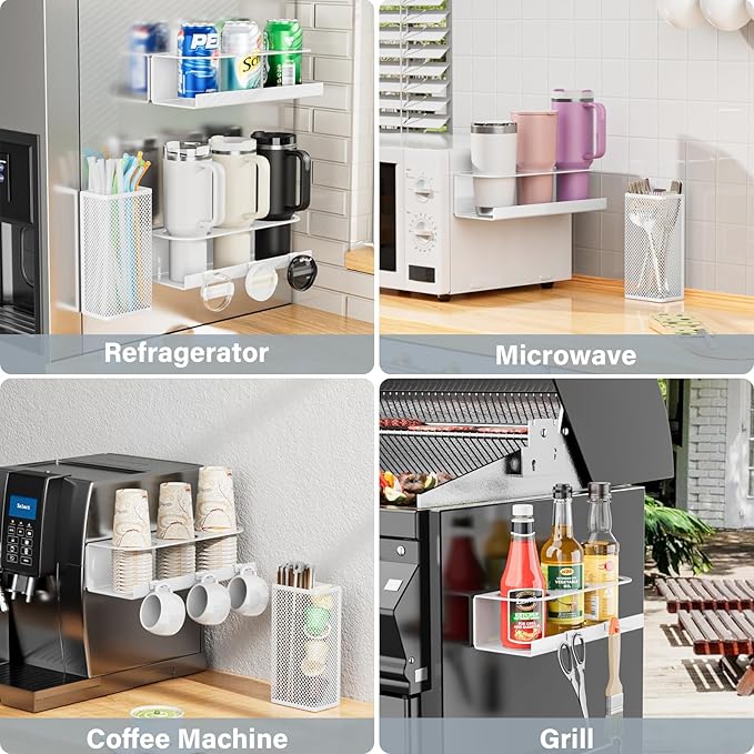Magnetic Cup Holder For Stanley 20/30/40oz - 2 Pack Tumbler Organizer for Stanley - Water Bottle Organizer for Fridge with Straw Basket & 6 Hooks for Tumbler Cup Lids Accessories Organization White