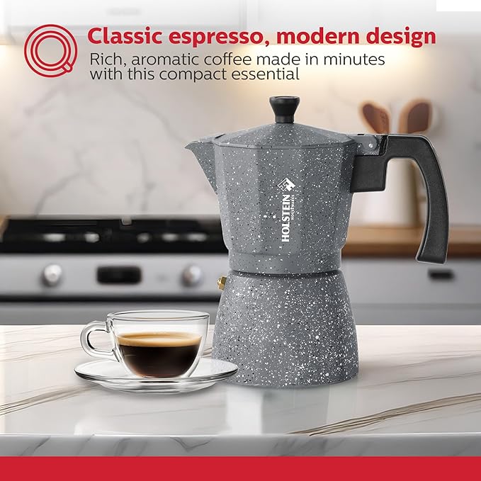 Holstein Housewares - 6 Cup Aluminum Stovetop Espresso Maker and Moka Pot - Great Tasting Traditional Espresso Coffee, Italian and Cuban Café Brewing in Minutes, Silver