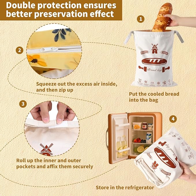 2 Pack Beeswax Bread Bags & Canvas Bags for Storage for Sourdough, Bees Wax Homemade Bread, Removable Patterned, Easy to Clean (16.7x12.8 In), Organic Cotton, Double Freshness Zipper & Velcro