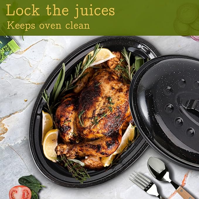 Roasting Pan 11Lb 15.7 inch Oval Enamel Oven Roaster Pan with Lid for Turkey Chicken Cookware PFOA free