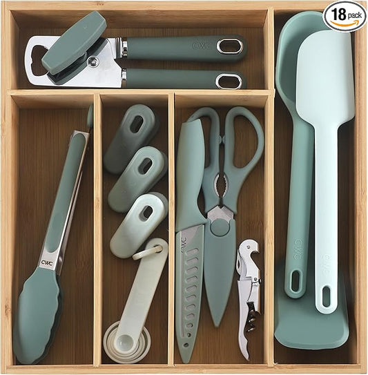 COOK WITH COLOR Bamboo Kitchen Utensil Set with Drawer Organizer | Cooking Tools and Storage Caddy, Sage, 18 Piece Gadget Set