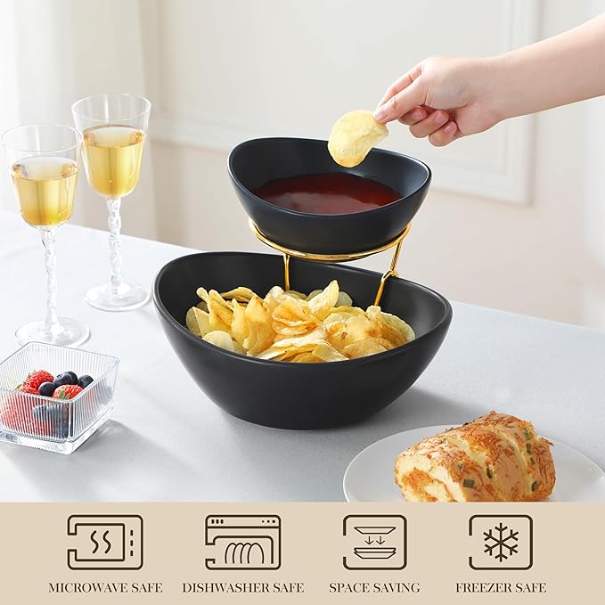 MALACASA 2 Tier Chip and Dip Serving Set with Metal Stand,Ceramic Appetizer Bowls for Party, Multi-Use Food Display for Fruits, Snacks,Black Elegant Tiered Serving Dishes for Party