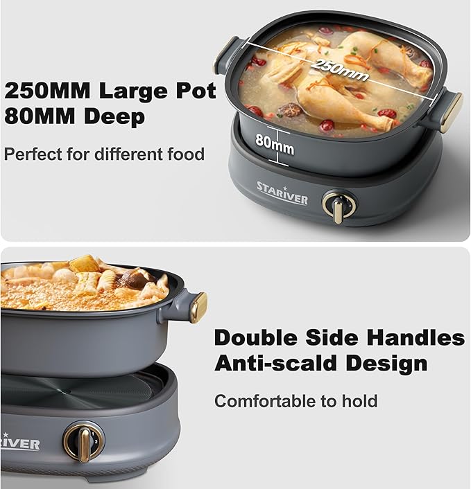Stariver 3L Non-Stick Hot Pot Electric with Dual-Power Control,Electric Shabu Shabu Pot with Removable Pot, Electric Pot with Tempered Glass Lid for Party, Family Gathering（Silver）