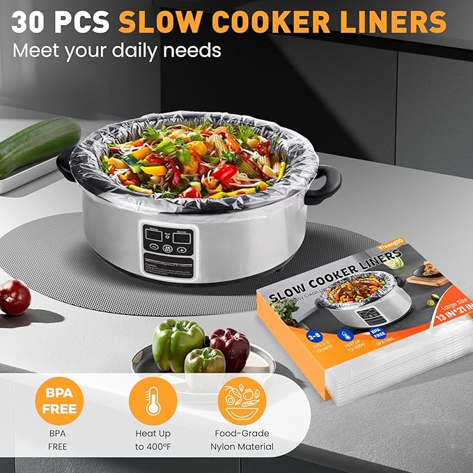 30 Pack Slow Cooker Liners, Large Size 13"x 21" Cooking Bags Disposable Pot Liners, Plastic Slow Cooker Bags Fits 3-8 Quarts, BPA Free, Suitable for Oval & Round Pot